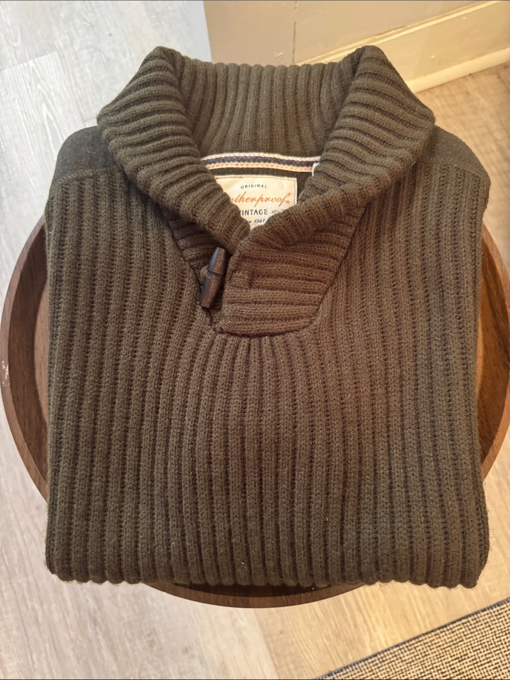 Men's Ribbed Shawl Collar Sweater in Olive with Toggle